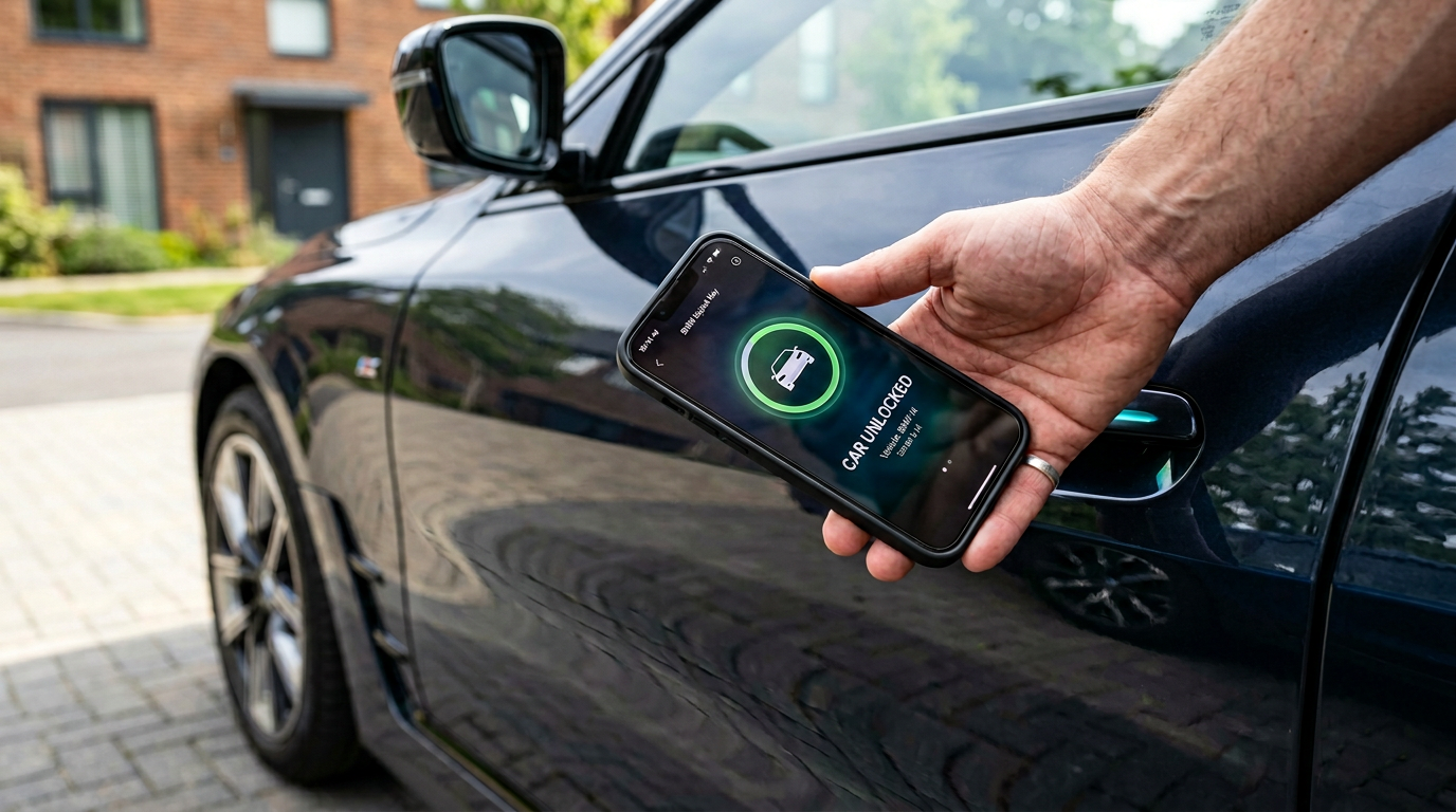 Hand using a smartphone to unlock a modern car door with a digital car key in a UK driveway at dusk