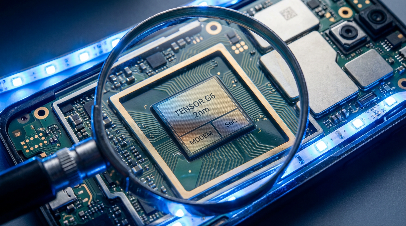 Macro photograph of a Tensor G6 2nm chip die mounted on a green Pixel 11 development PCB