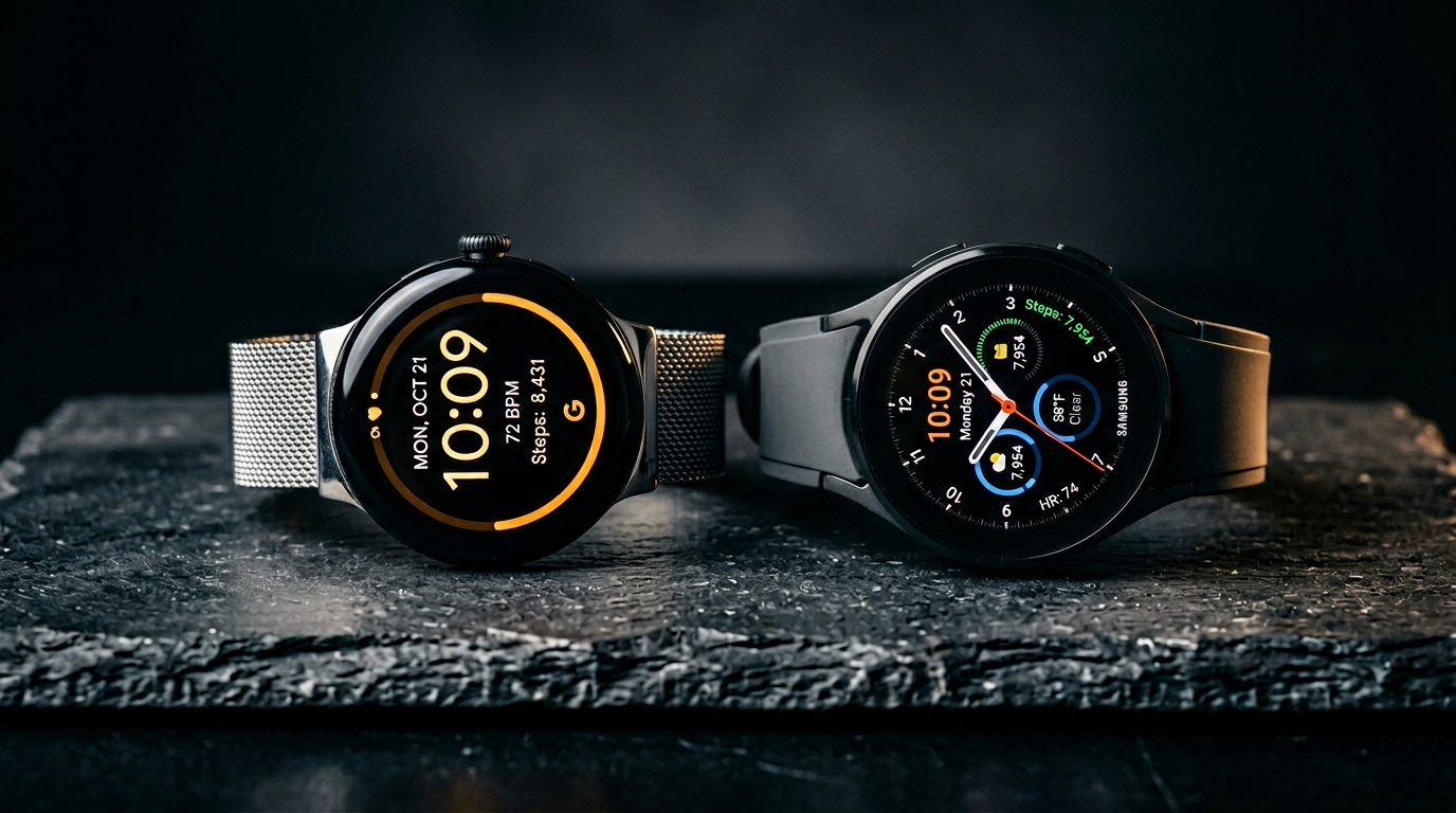 Pixel Watch 3 and Samsung Galaxy Watch 7 side by side on a dark slate surface with their watchfaces lit