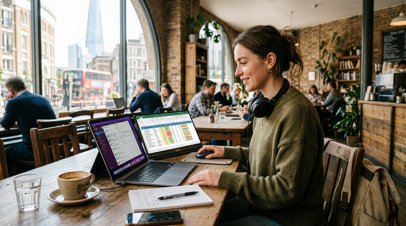Digital nomad working with a portable USB-C monitor connected to a laptop in a sunlit London cafe with a coffee