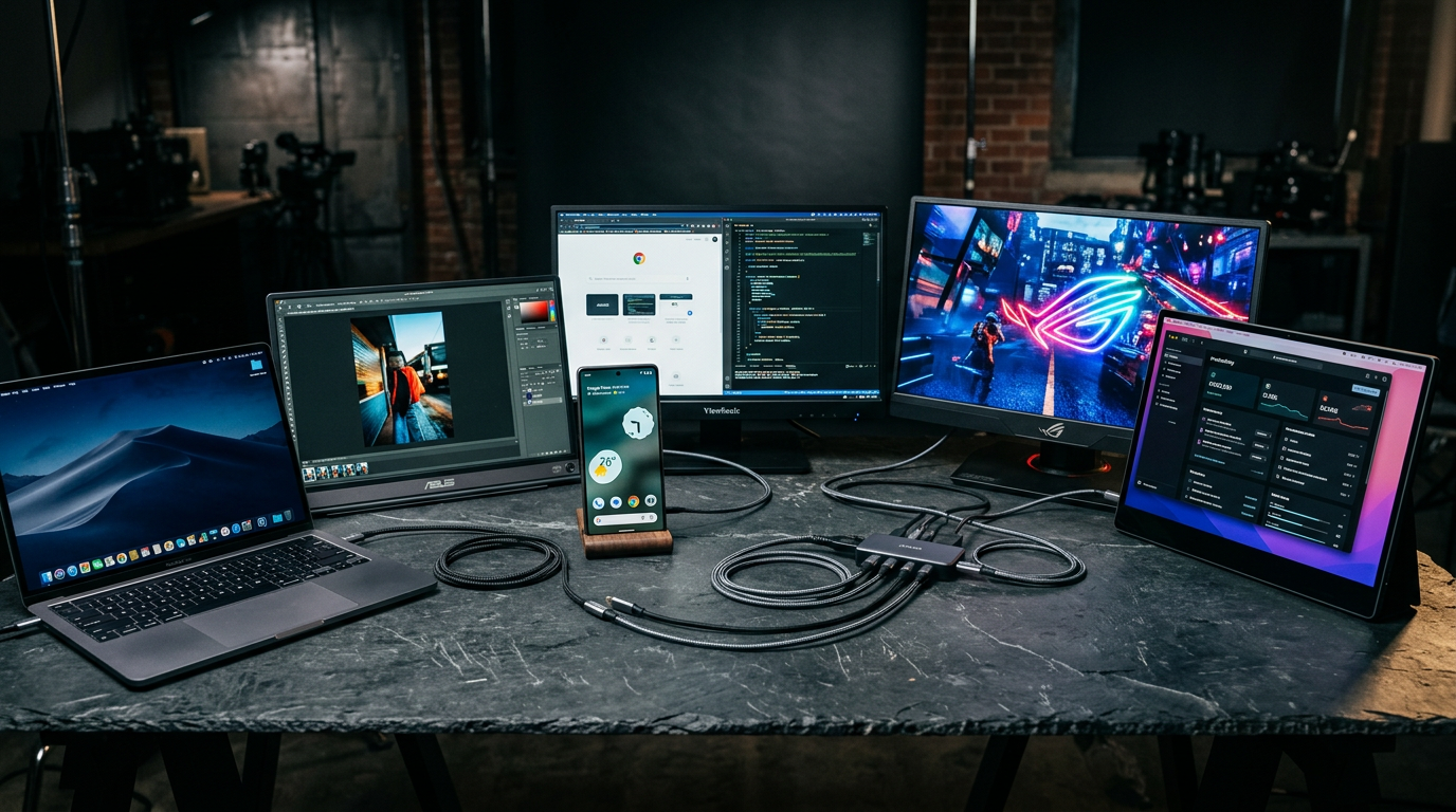 Lineup of portable USB-C monitors of various sizes connected to a phone and a laptop on a slate desk with cables visible