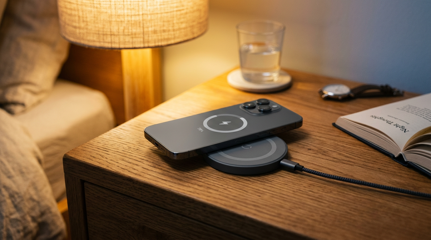 USB-C Qi2 magnetic charging on a bedside table