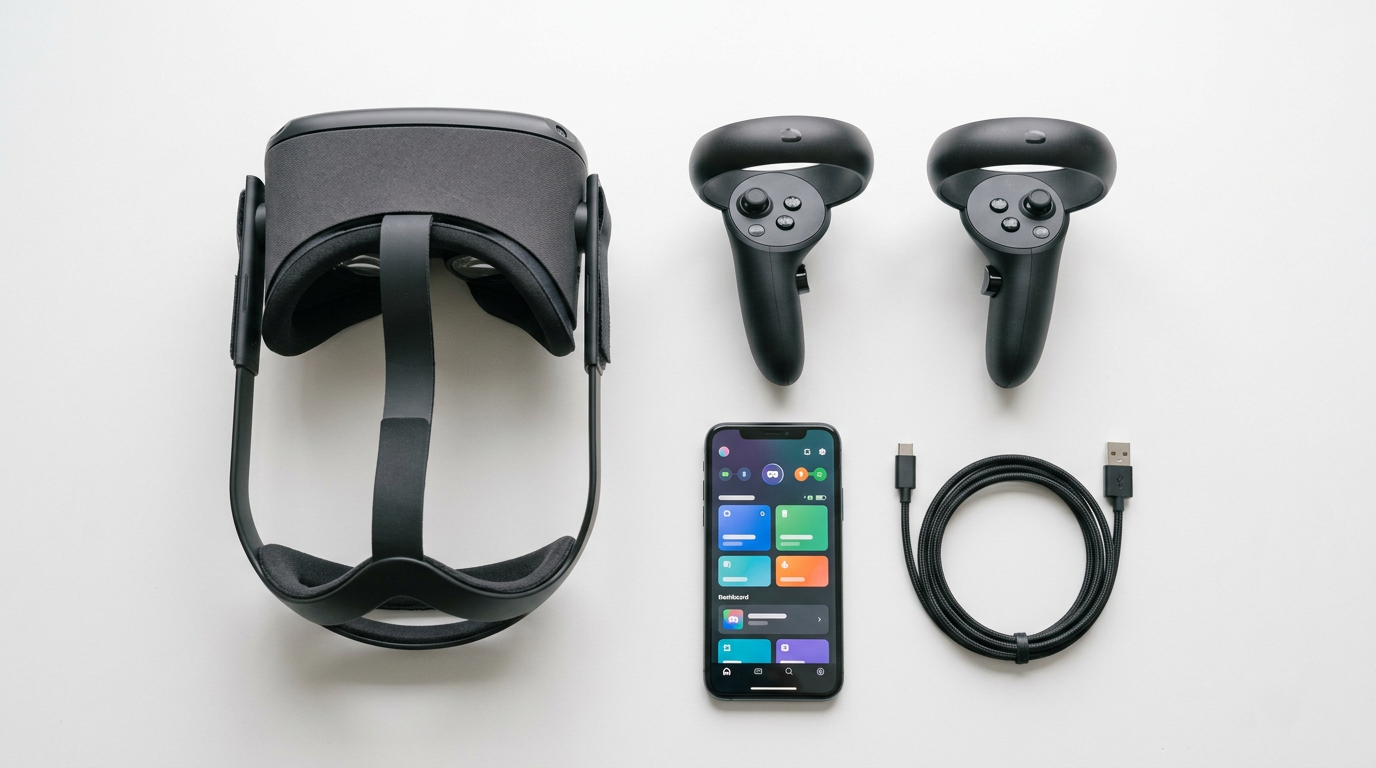 Quest VR headset and accessories flat-lay