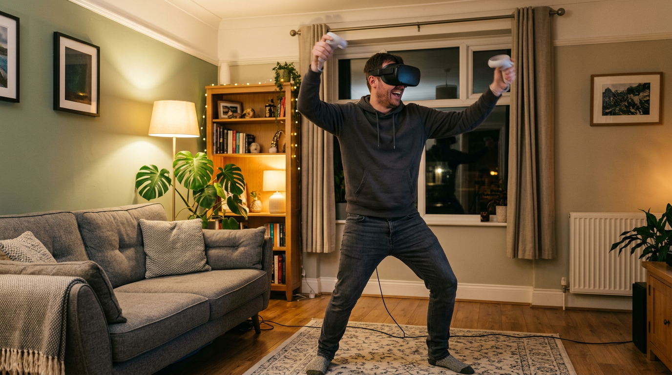 Person playing a VR game in a UK living room