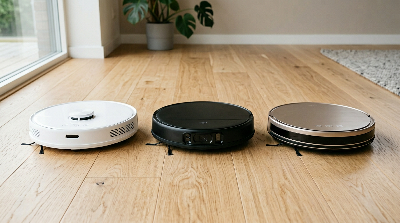 Three robot vacuums lined up for comparison