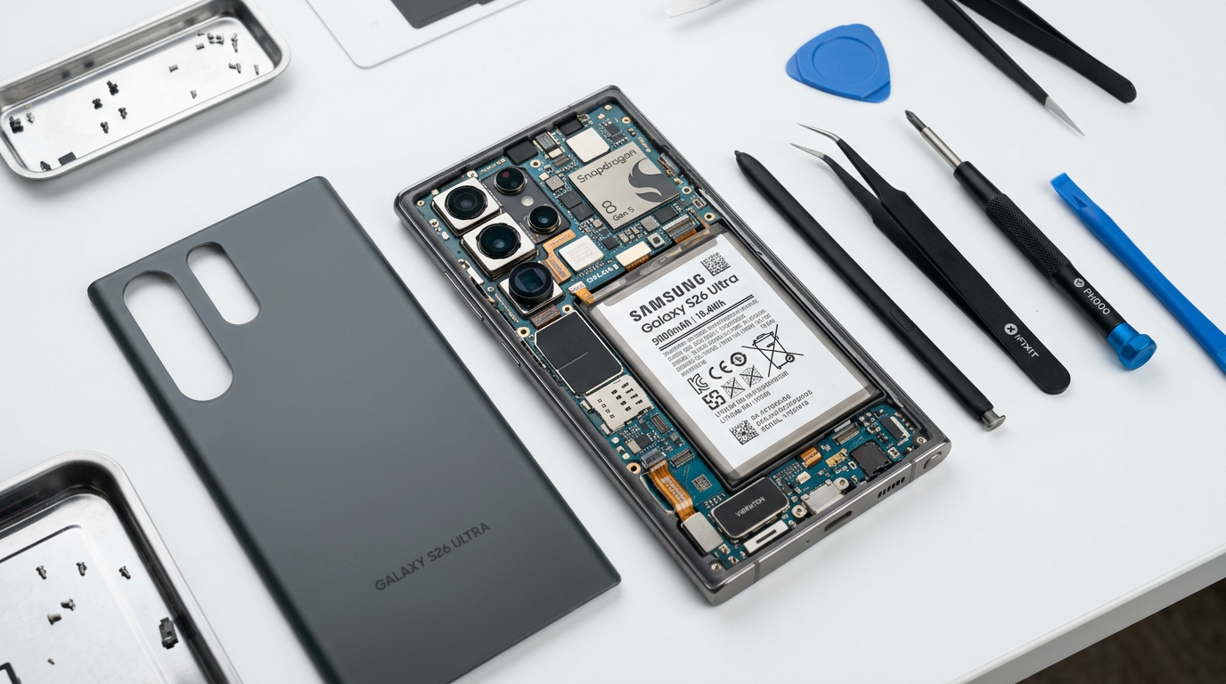 Galaxy S26 Ultra teardown internals on workbench