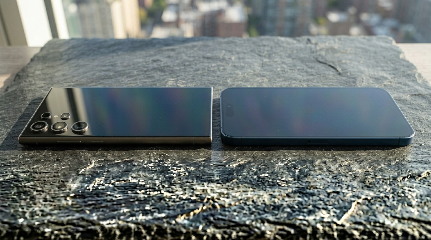 Samsung Galaxy S26 Ultra next to Apple iPhone 17 Pro Max on a slate stone surface