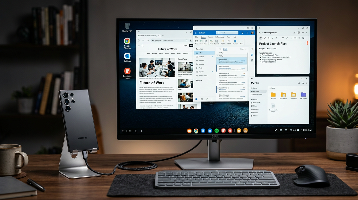 Samsung Galaxy phone connected to a USB-C monitor running Samsung DeX desktop interface with multiple windows on a clean desk