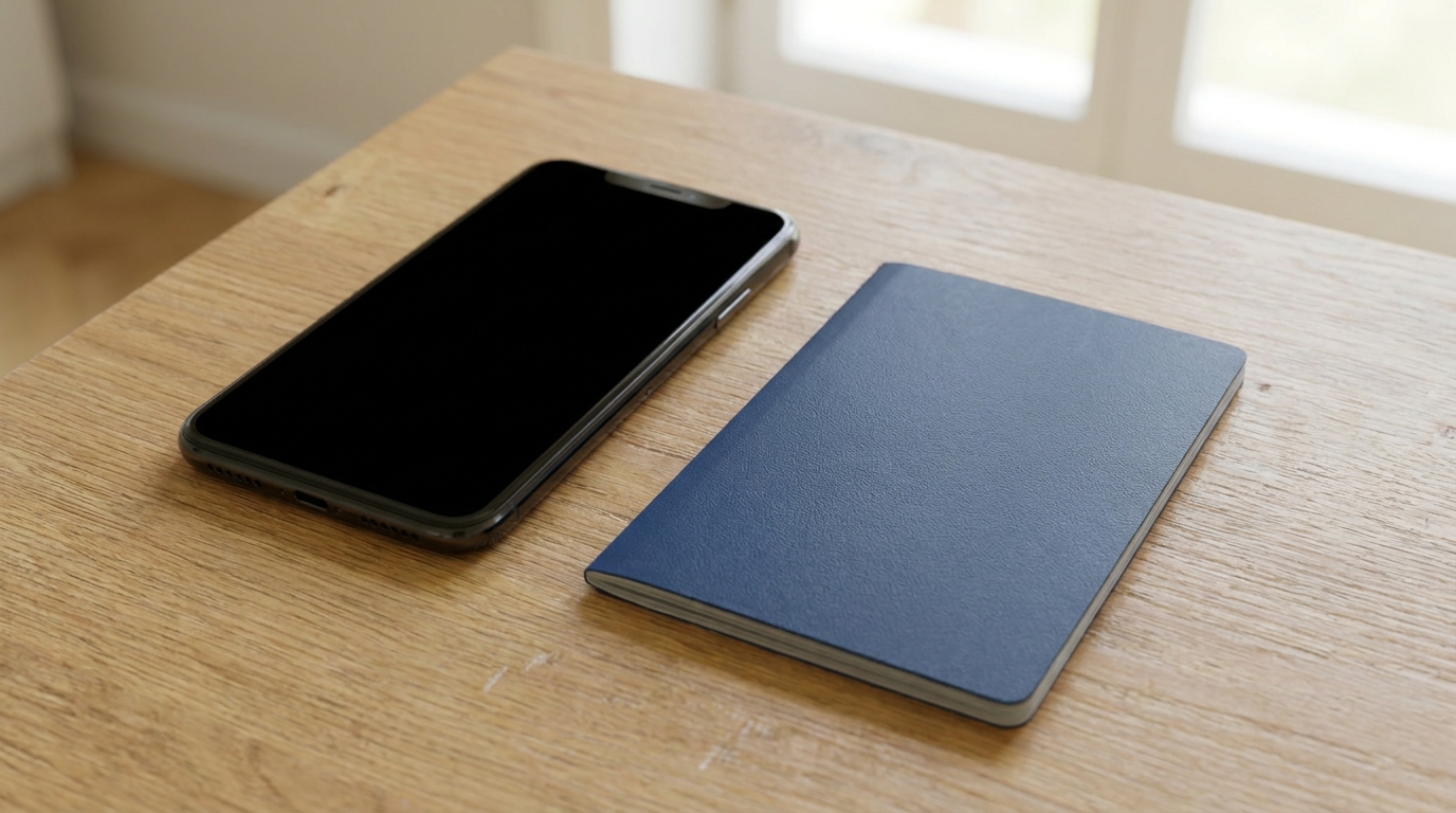 Modern flat-edge smartphone screen off on a wooden surface beside a passport