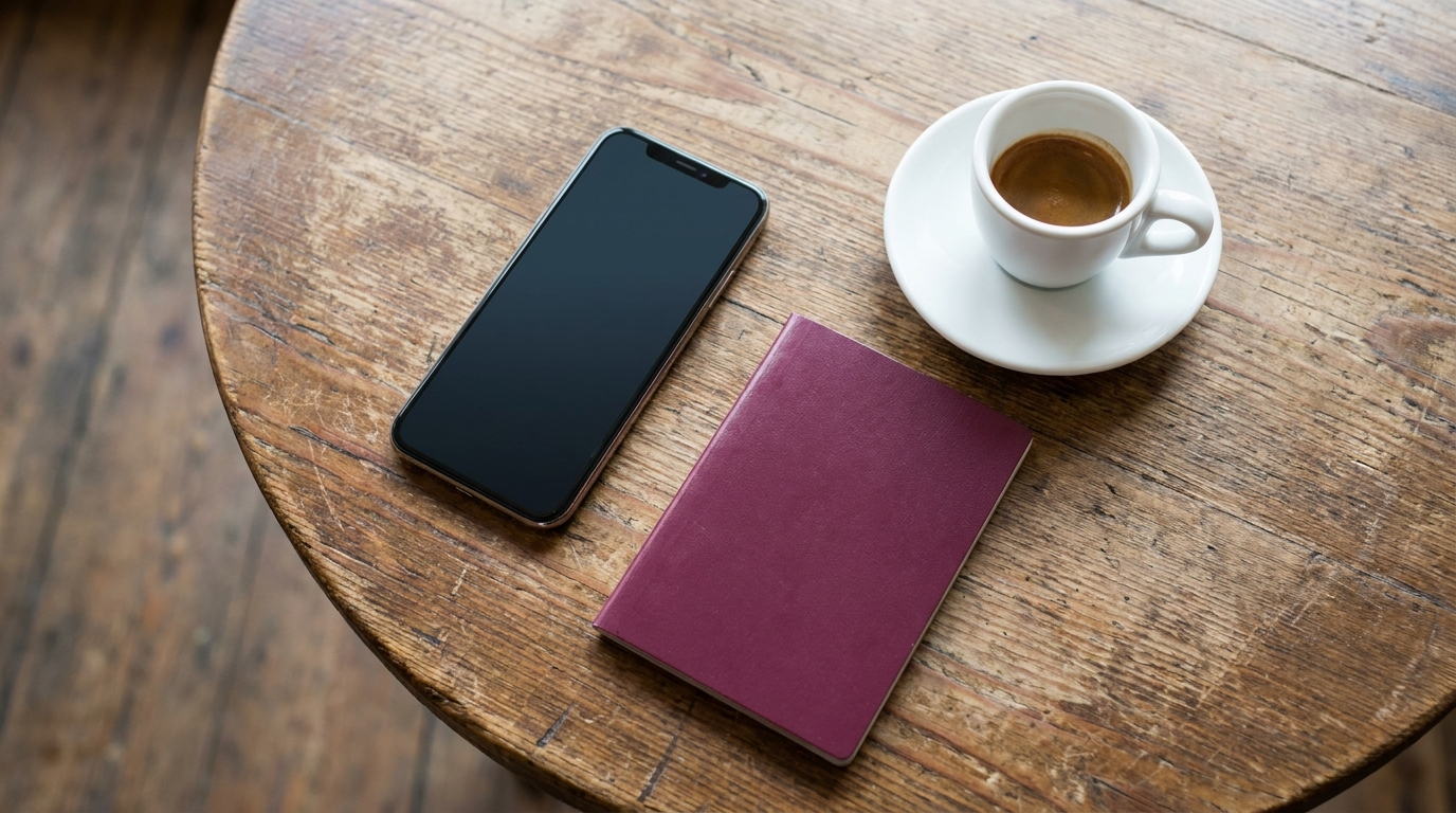 Smartphone screen-down on a round wooden cafe table beside a maroon UK passport and a small espresso cup