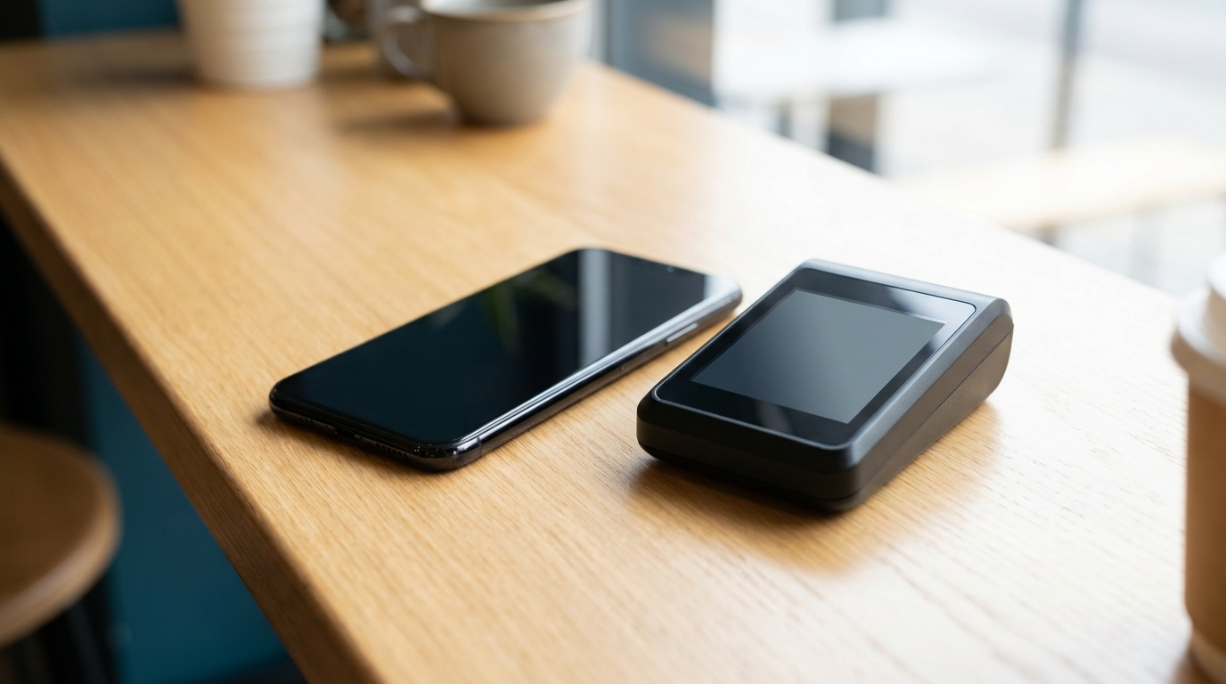 Smartphone face down on a clean cafe counter beside a small black contactless payment terminal