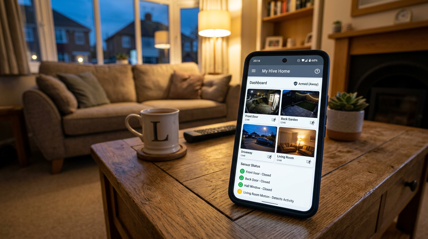 Smartphone on a wooden coffee table showing a smart home security app dashboard with multiple camera feeds and door sensors
