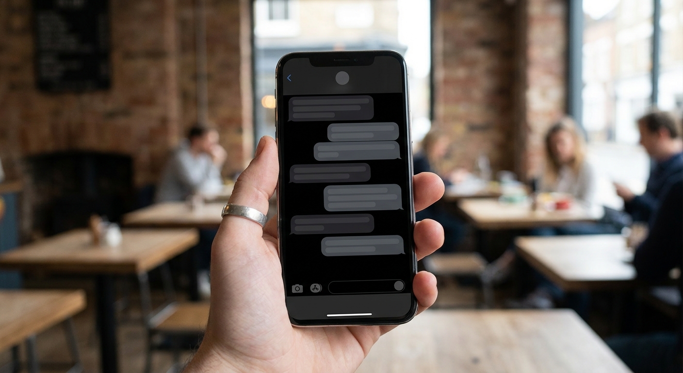 Encrypted messaging app conversation on an iPhone in a UK cafe context