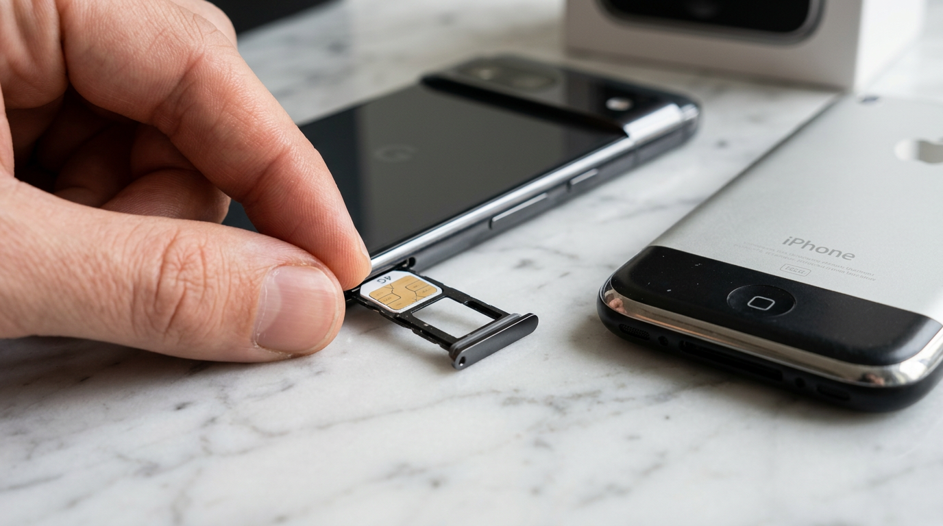 Hand inserting a nano SIM card into an Android smartphone SIM tray on a marble desk with the original iPhone visible nearby