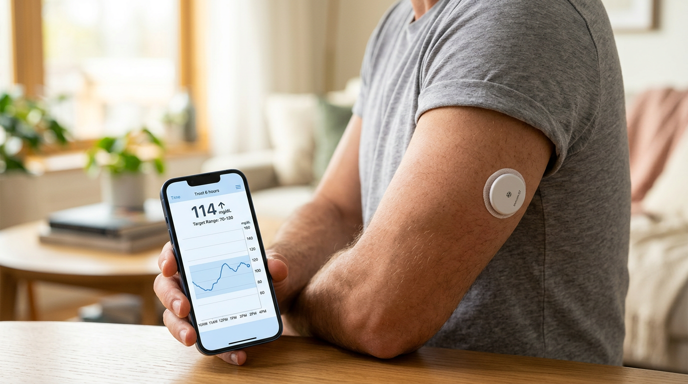 Editorial photo of a continuous glucose monitor patch and phone