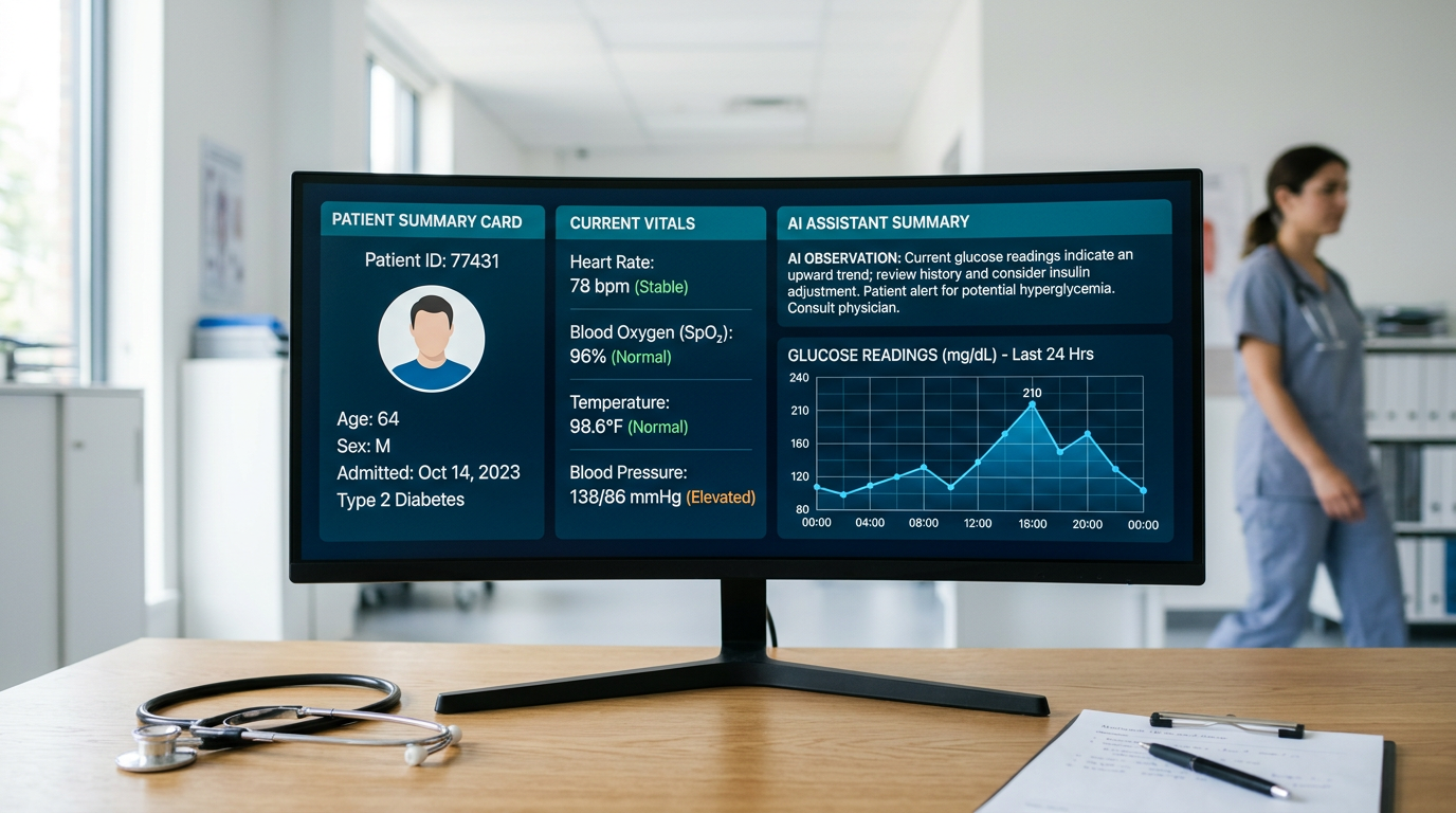 Editorial illustration of a clinical AI dashboard on a monitor