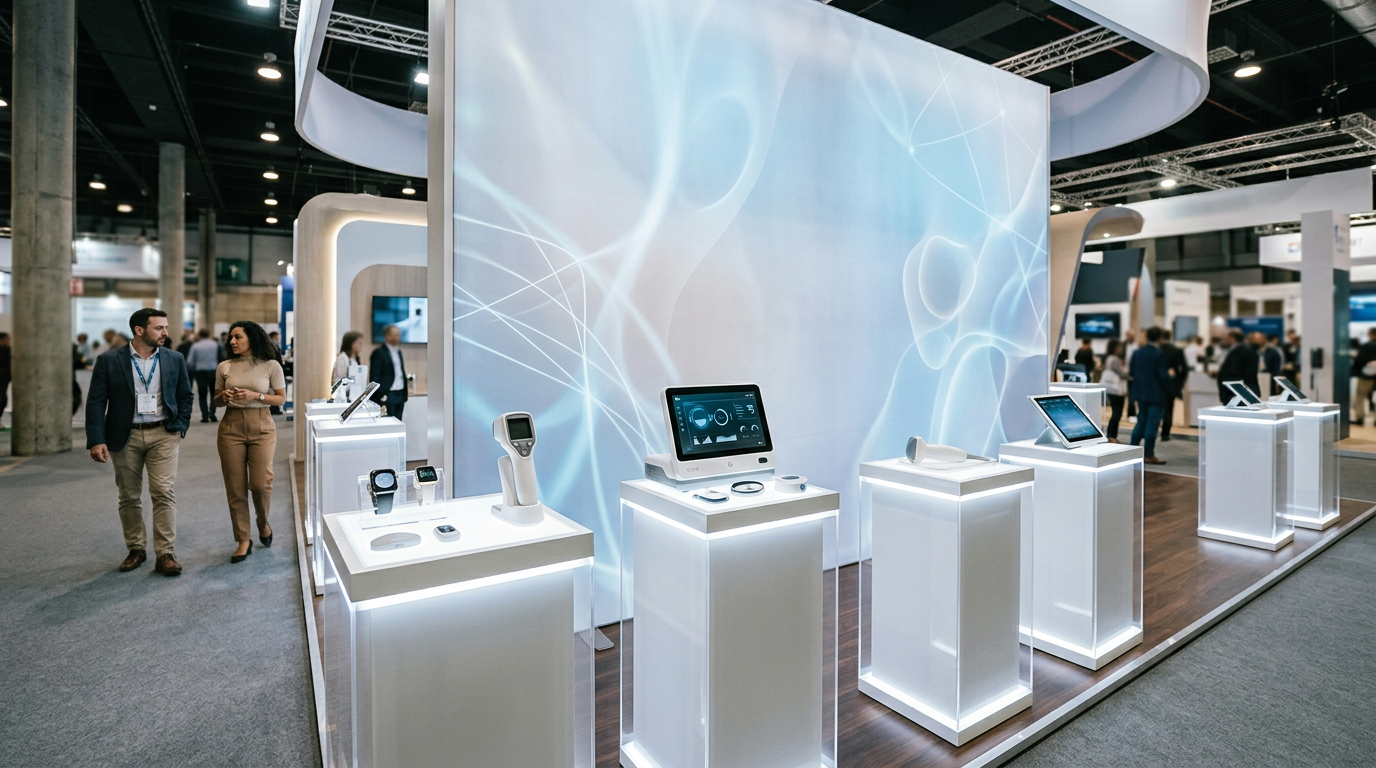 Sinocare CMEF: Editorial photo of a health-tech trade show booth with medical devices