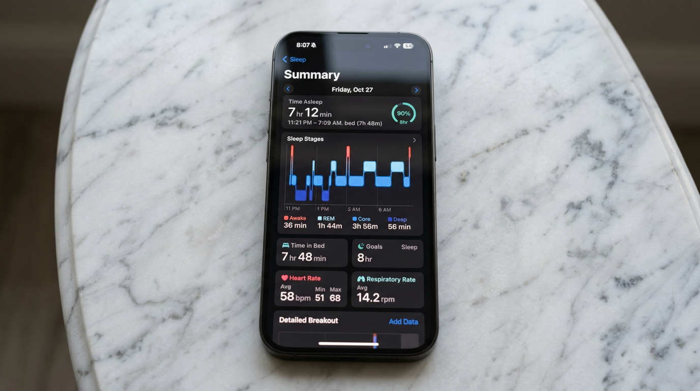 Close-up of an iPhone Health app showing detailed sleep tracking data with REM, deep and core sleep stages on a marble surface