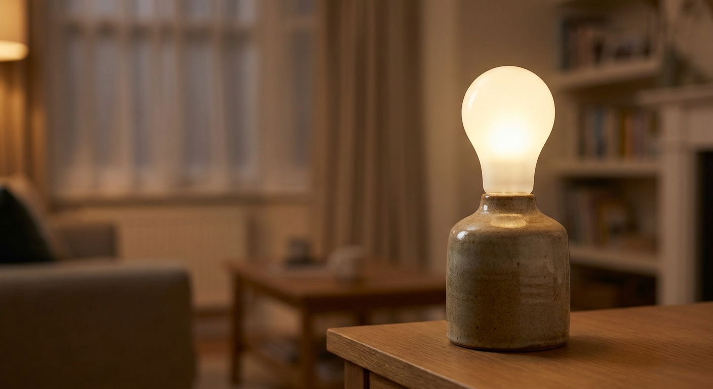 Smart LED bulb glowing softly in a UK living room lamp