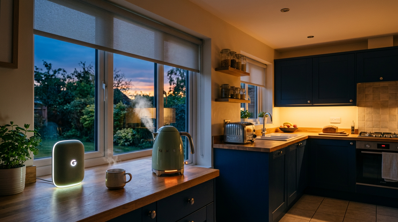 UK kitchen at dawn with smart lights coming on, blinds opening and a Nest speaker glowing during a morning routine