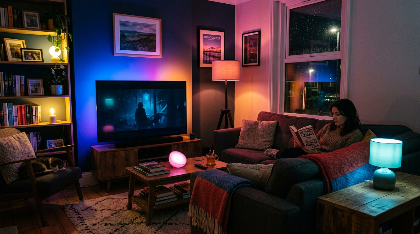 UK living room at night with colour-changing smart lighting from Hue and Dirigera bulbs creating a warm scene