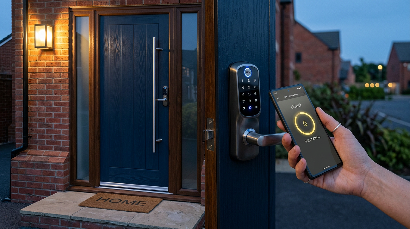 Hand using a smartphone app to unlock a smart lock on a UK front door at dusk
