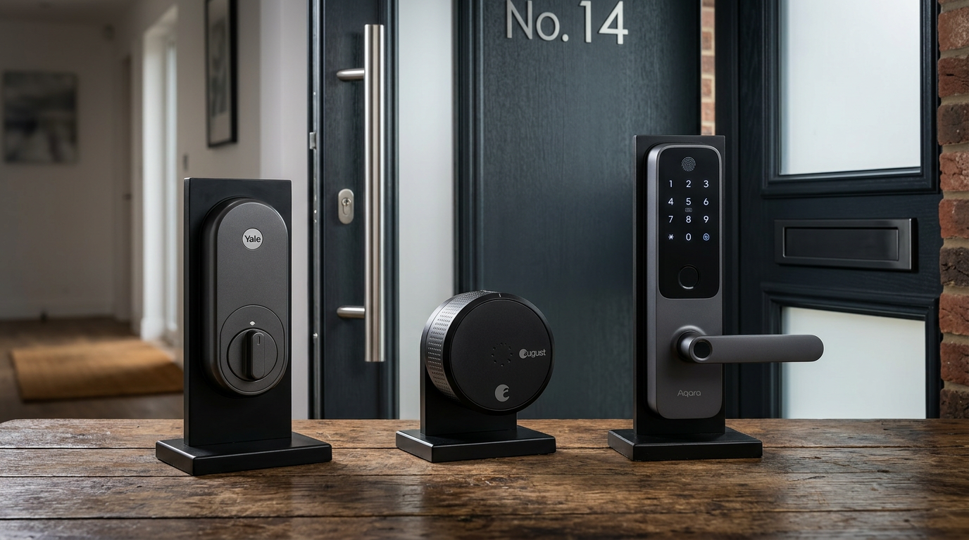 Best smart locks 2026 lineup: Yale, August and Aqara on a wooden surface