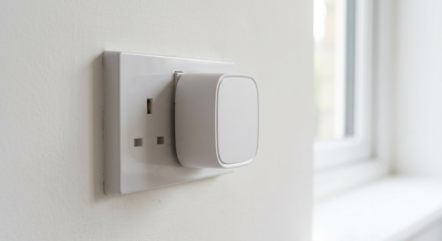 UK three-pin smart plug close-up on a wall socket