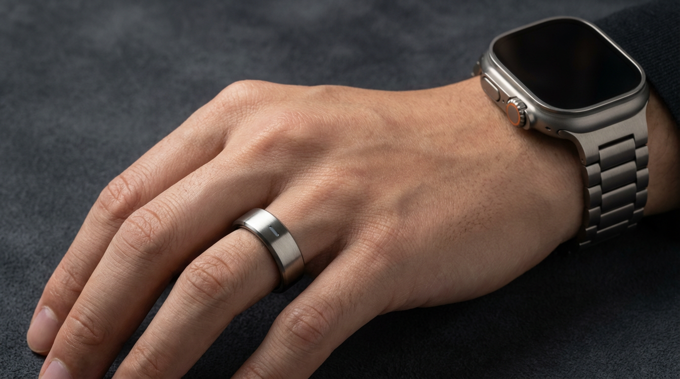Titanium smart ring next to an Apple Watch on a marble surface in soft natural light