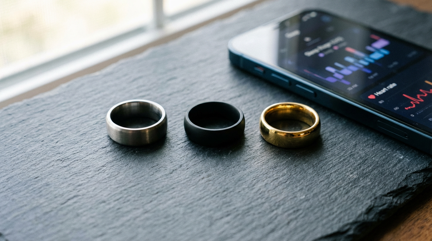 Lineup of five smart rings from Oura, Samsung and Ultrahuman arranged on a slate surface