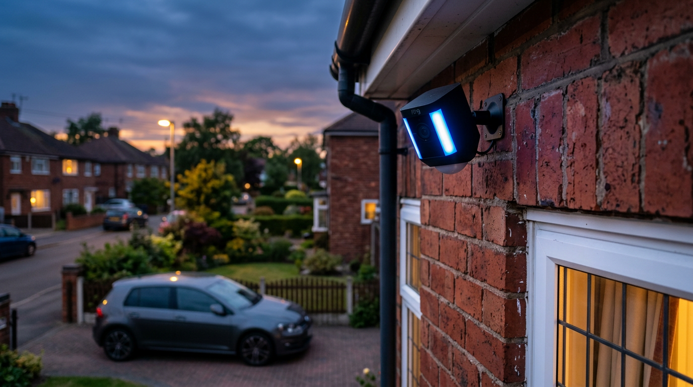 Outdoor smart security camera mounted on a red brick UK home at dusk with a status light glowing blue