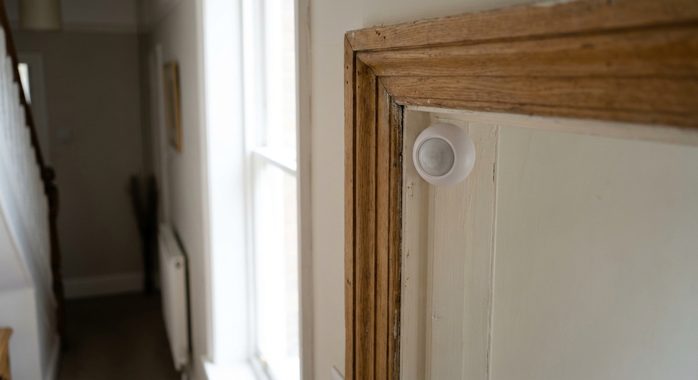 Small white motion sensor mounted on a doorframe in a UK home