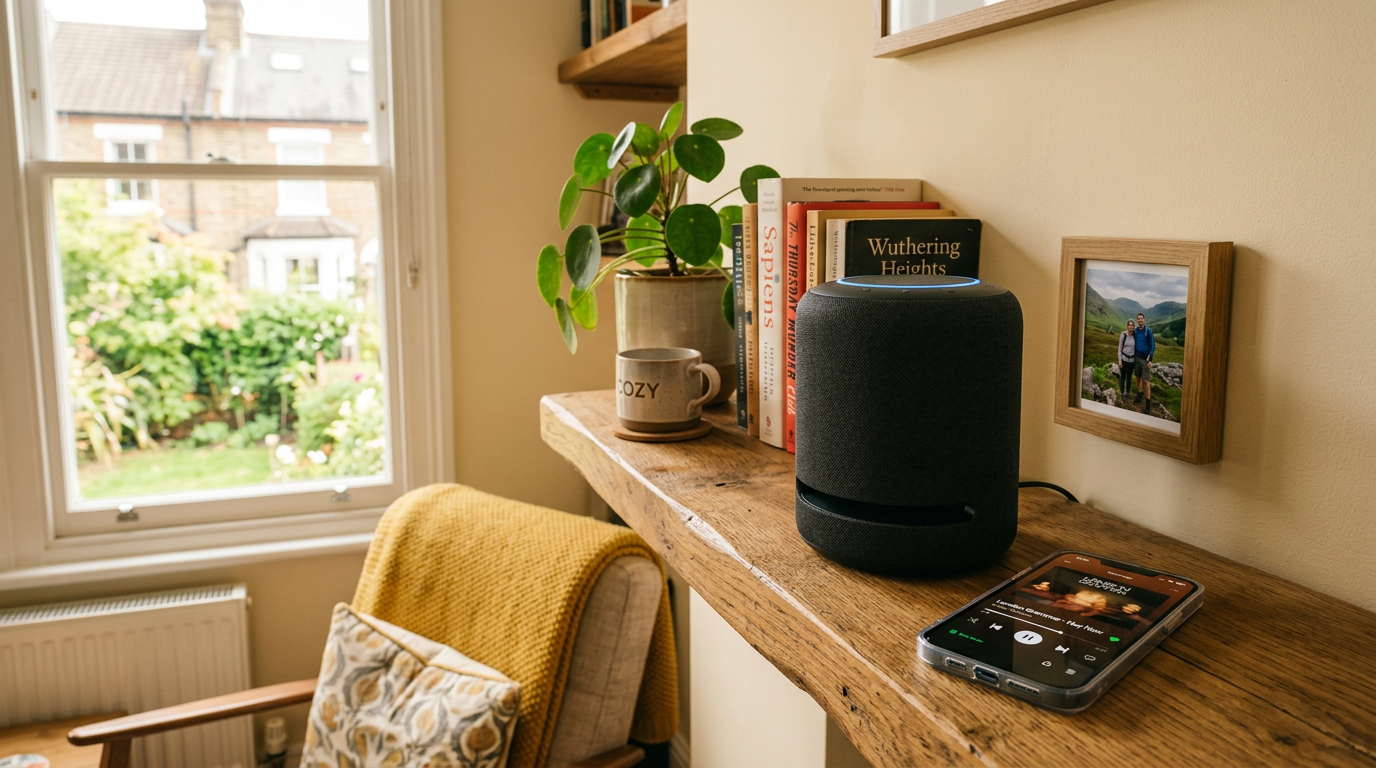Smart speaker on a wooden shelf in a bright UK living room playing music with a phone showing the app