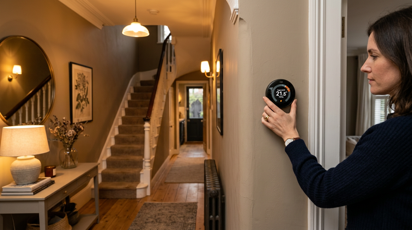 Modern smart thermostat mounted on the wall of a UK home hallway showing the current temperature in dramatic light
