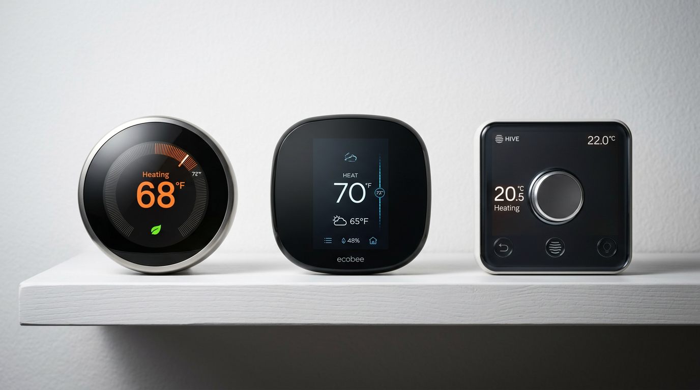Lineup of Nest, Ecobee and Hive smart thermostats displayed on a wooden surface with their displays lit