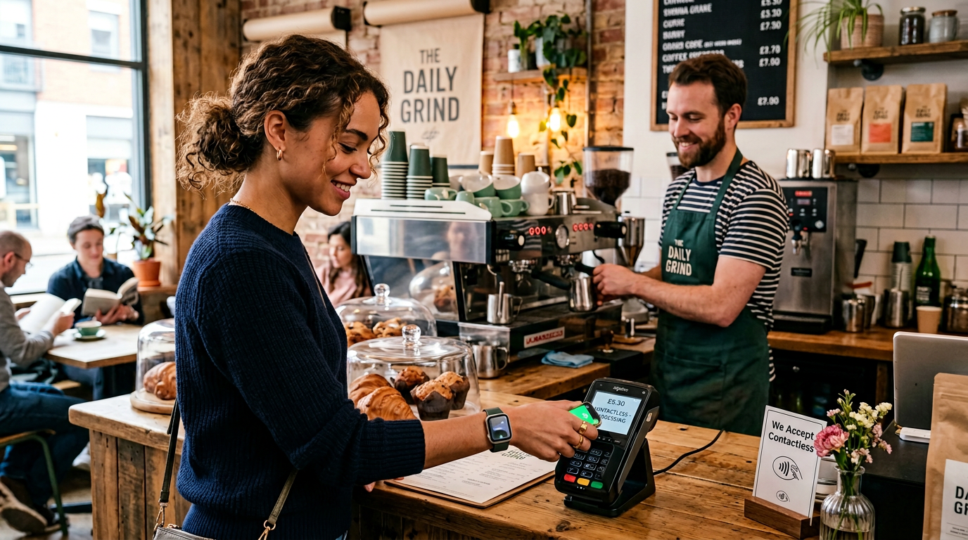 Wrist with an Apple Watch tapping a contactless payment terminal in a London cafe with a coffee in the background