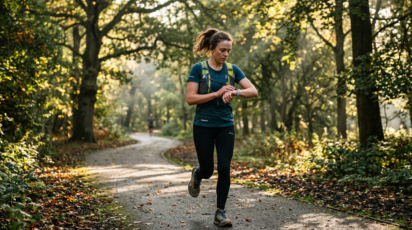 Runner in a UK park checking heart rate on a smartwatch wrist with autumn trees in the background