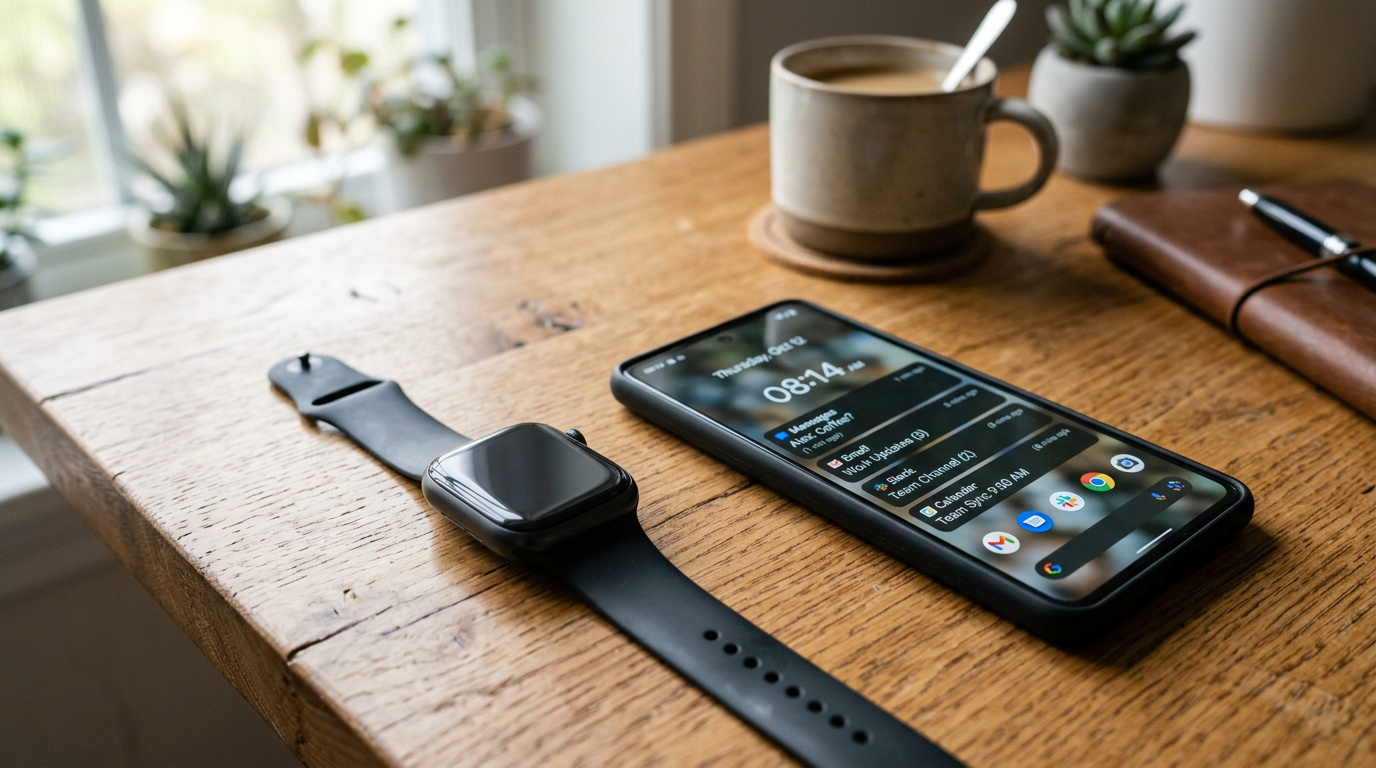 Apple Watch and iPhone side by side on a marble surface highlighting a buying decision in dramatic studio lighting