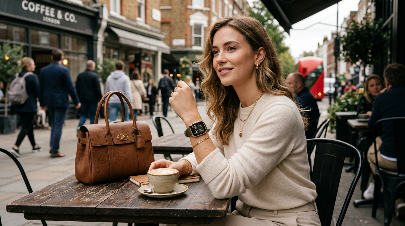 Stylish woman wearing a premium smartwatch on her wrist at a London cafe with a leather handbag and coffee on the table
