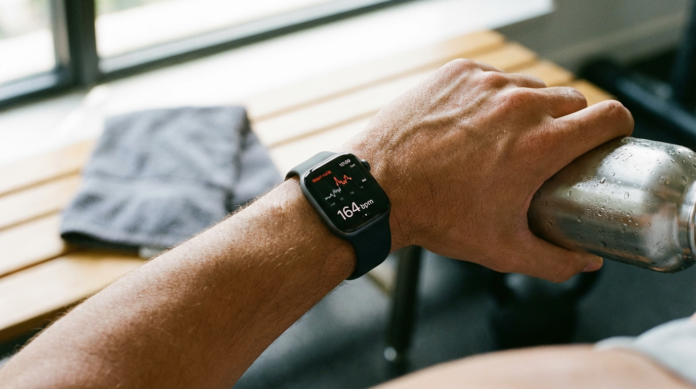 Modern smartwatch on a wrist showing a heart rate of 164 bpm after a workout, beside a water bottle and towel