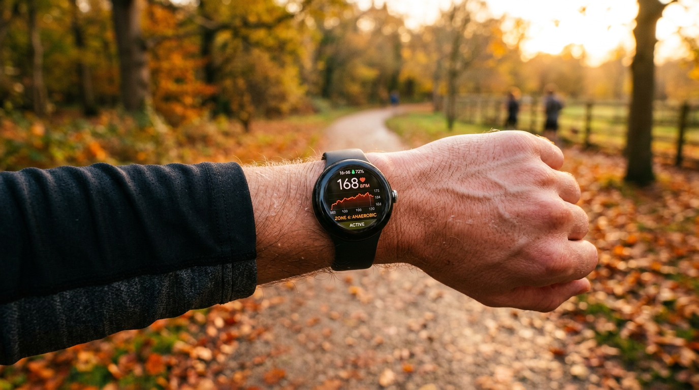 Close-up of a Pixel Watch on a runner's wrist showing live heart rate data on an autumn UK park trail