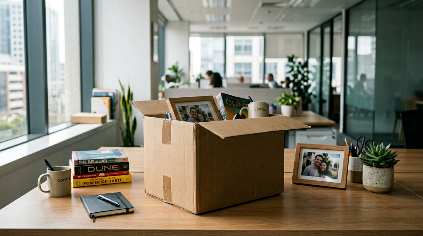 Tech worker packing belongings into a cardboard box