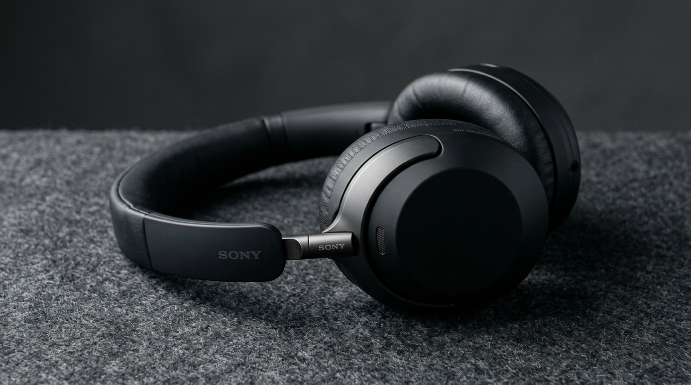 Sony WH-1000XM6 noise-cancelling headphones in black on a charcoal felt surface in studio lighting