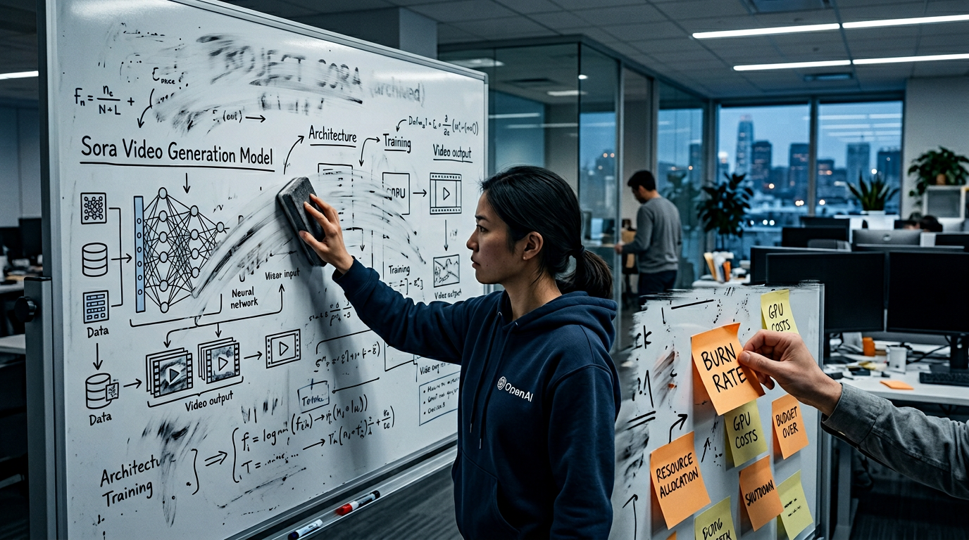 Empty OpenAI Sora office at night with a shutdown notice glowing on a single monitor