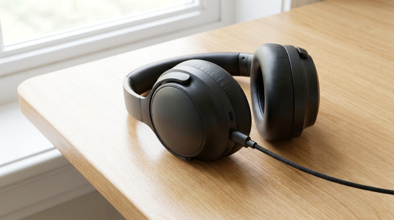 Black over-ear noise-cancelling headphones lying on a wooden surface with USB-C cable plugged in