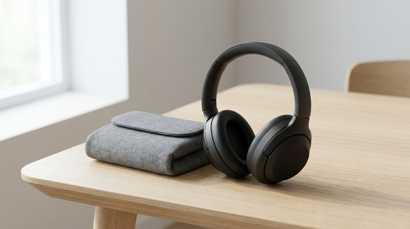 Black over-ear noise-cancelling headphones standing upright next to a folded fabric travel case