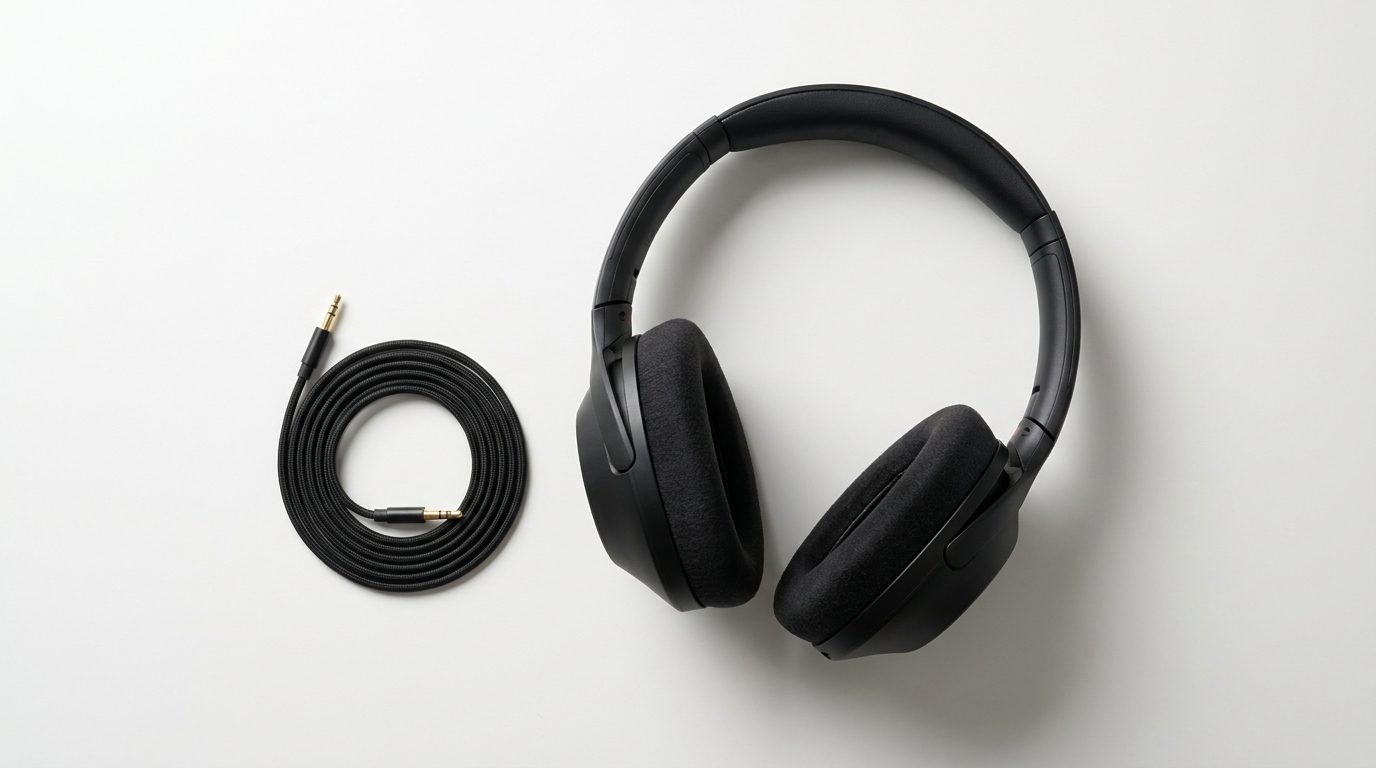 Black over-ear noise-cancelling headphones lying on a clean white surface with a single coiled cable