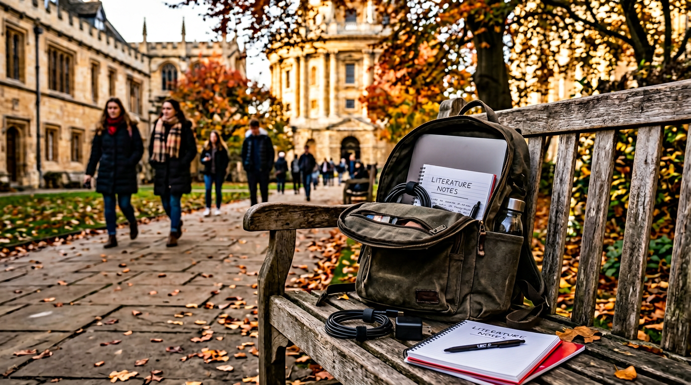 University student putting a 13 inch laptop into a backpack on a UK campus pathway in autumn