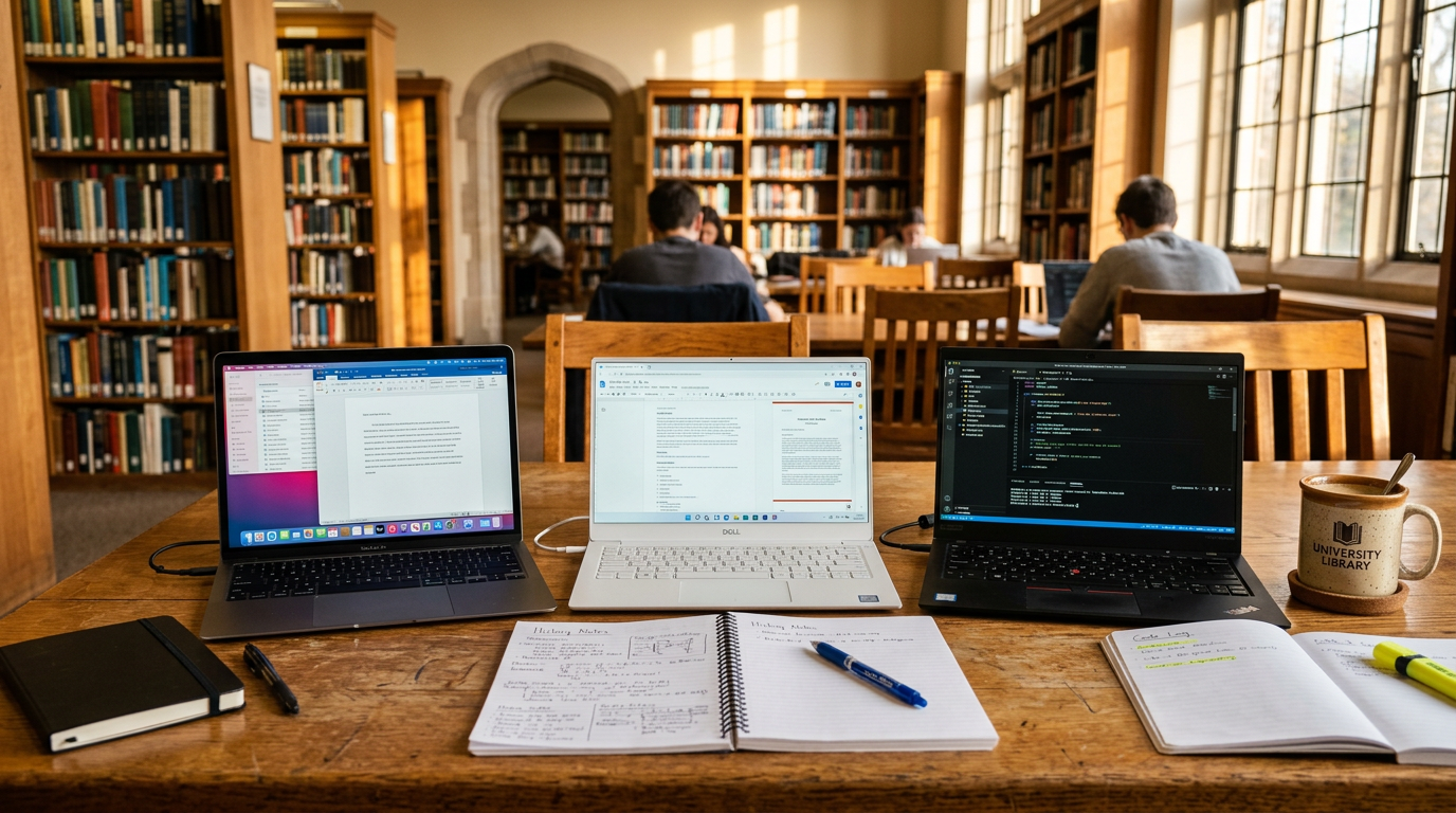 Three student laptops including a MacBook Air, Surface Laptop and Chromebook on a university library desk with notebooks