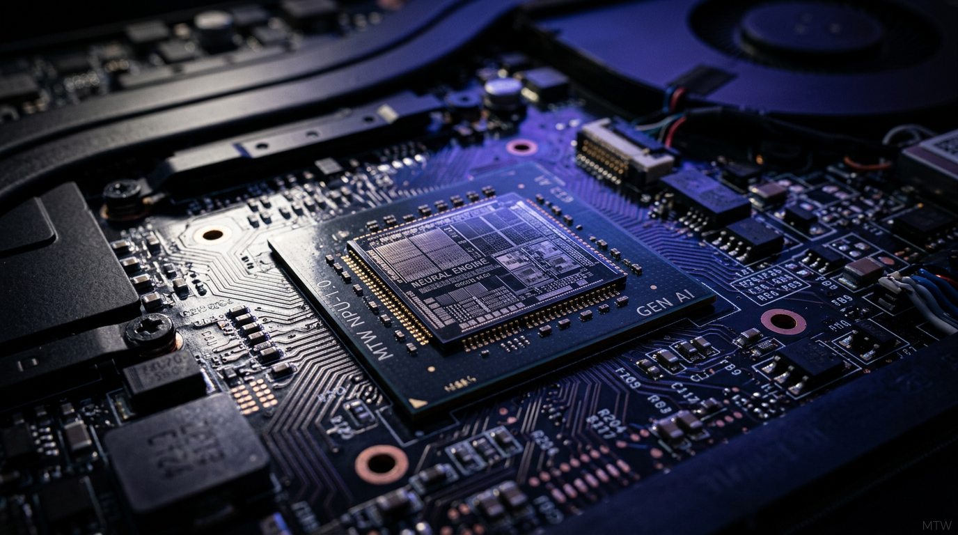 Editorial close-up of an NPU silicon chip on a motherboard